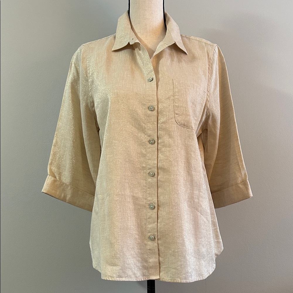 Chico’s Gold Metallic Linen No-Iron Fresh Chic Blouse